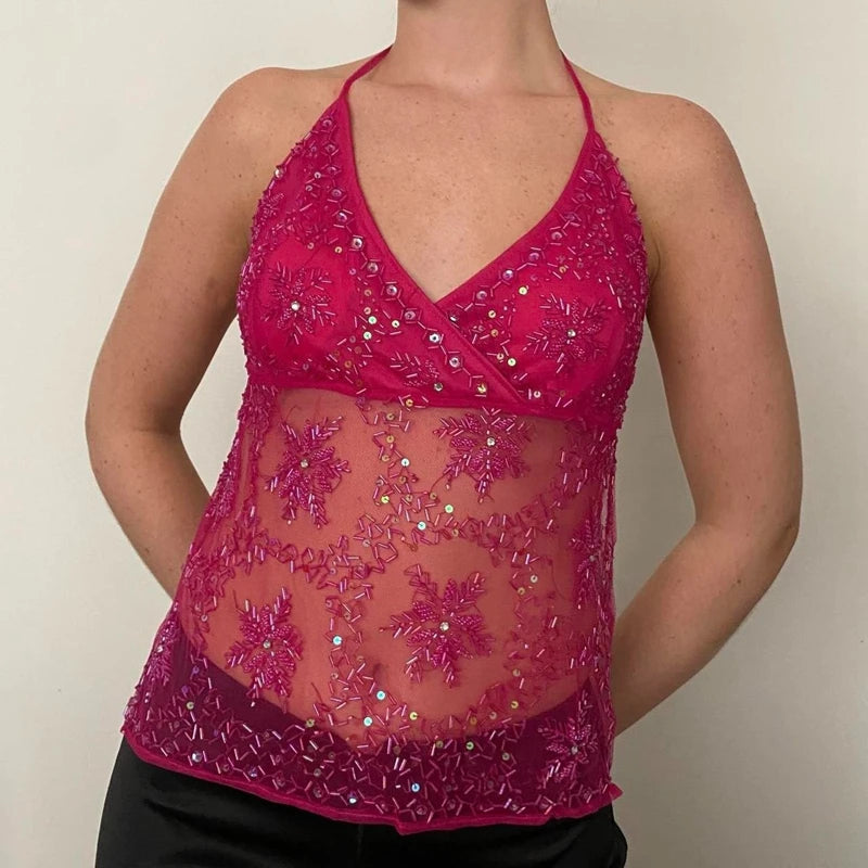 Women's Sequin Halter Tank Tops Sleeveless V-Neck Backless Slim Fit Sheer Mesh Vest Y2k Sparkle Club Party Rave Outfit