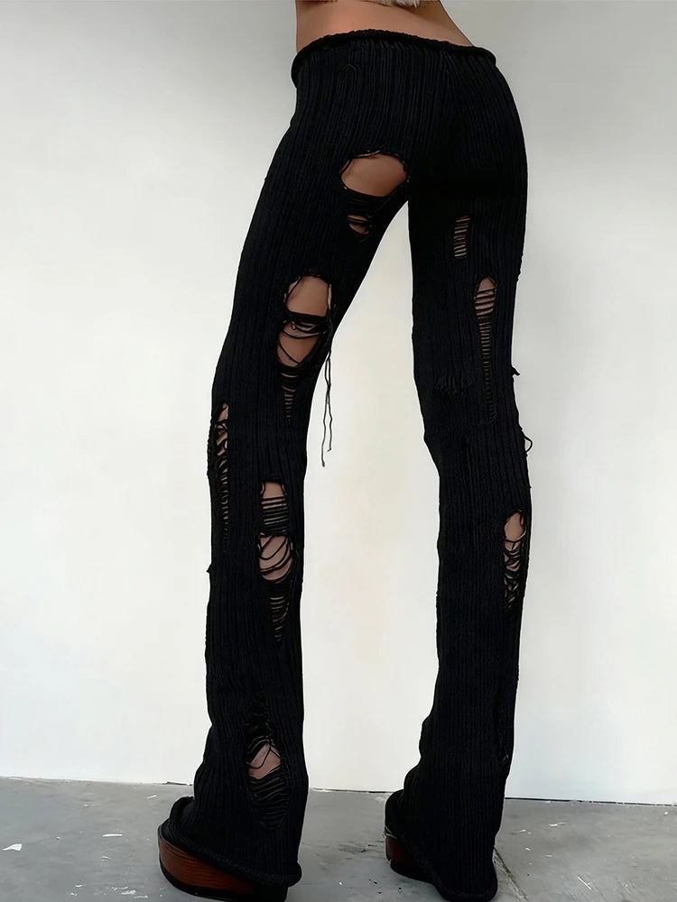 Hot Girls Long Pants Woman Irregular Hollow Design Crochet Elastic High Waist Skinny Stretch Street Hip-Hop Style Bottoms
