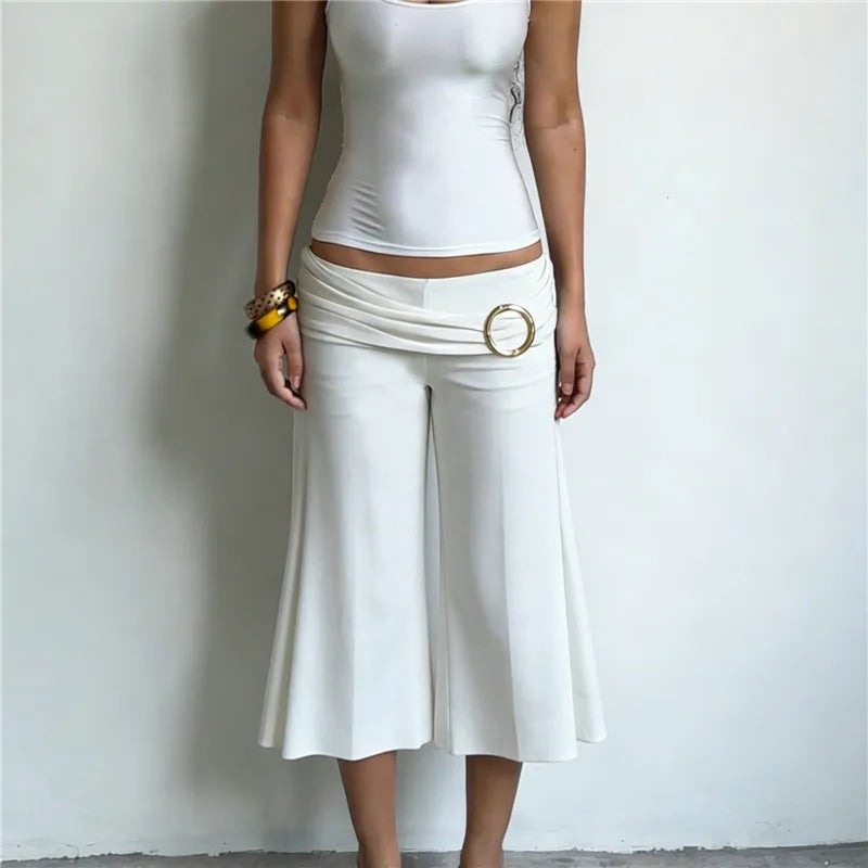 Women Metal Ring Ruched Waist Culottes Low Waist Wide Leg Cropped Pants Solid Color Flared Trousers Casual Streetwear