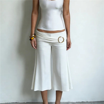 Women Metal Ring Ruched Waist Culottes Low Waist Wide Leg Cropped Pants Solid Color Flared Trousers Casual Streetwear