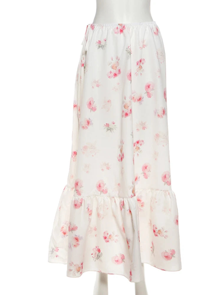 Romantic Flower Print 2-Piece Set Women Halter Bandage Bows Ruffles Backless Camisole+Long Skirts Vacation Clubwear