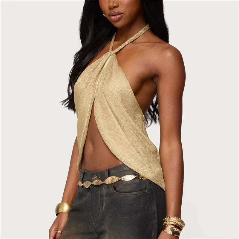 Women Y2K Sparkly Split Front Top Sleeveless Backless Halter Neck Crop Tank Top Summer Party Club Camisole Vest