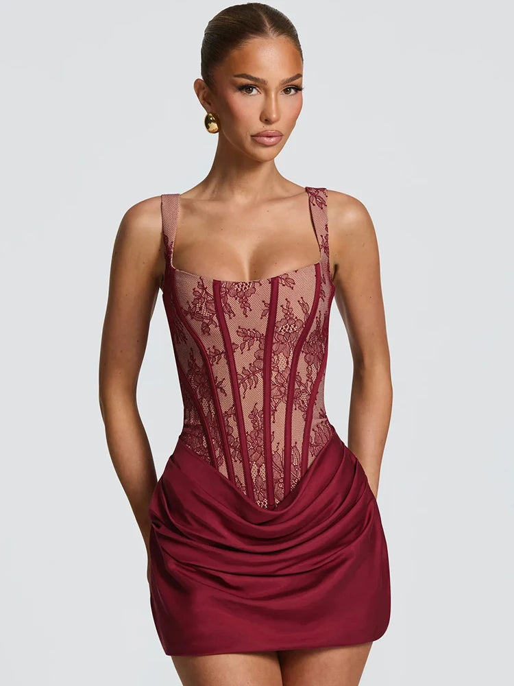 Lace Corset Mini Dress Women Square Neck Wide Strap Ruched Satin Bodycon Short Dress Club Party Cocktail Vestidos