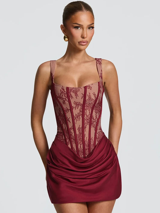 Lace Corset Mini Dress Women Square Neck Wide Strap Ruched Satin Bodycon Short Dress Club Party Cocktail Vestidos