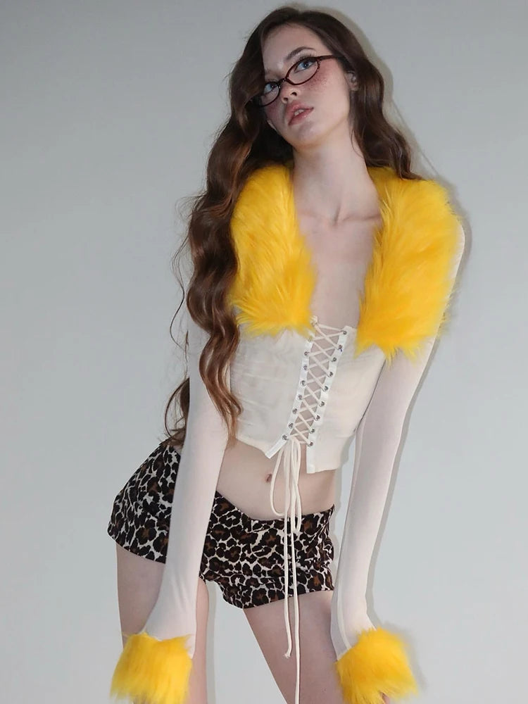 Furry Patchwork 2 Piece Set Women Hipster Mesh Shirring Full Sleeve Crop Tops+Bike Shorts Skinny Y2K Street Clubwear