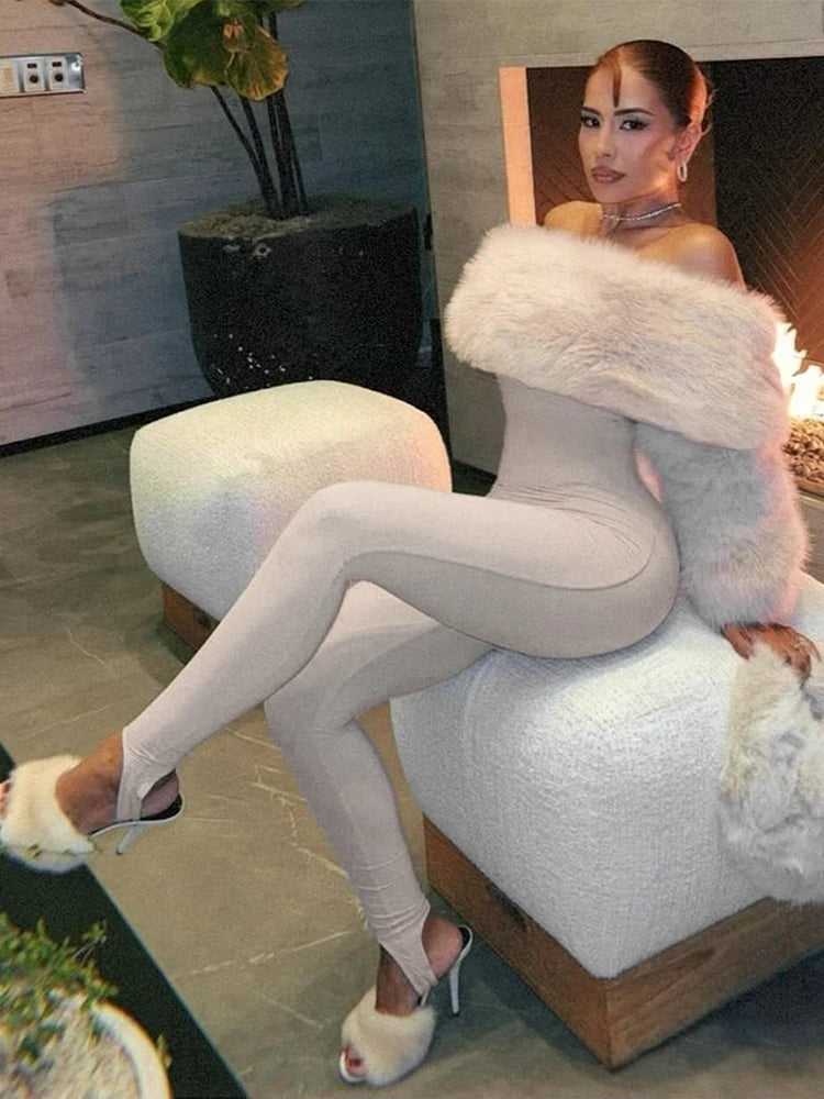 Peach Buttocks Sexy Fashion Jumpsuits Woman Winter Style Furry Patchwork Slash Neck Full Sleeve Skinny Street Overalls