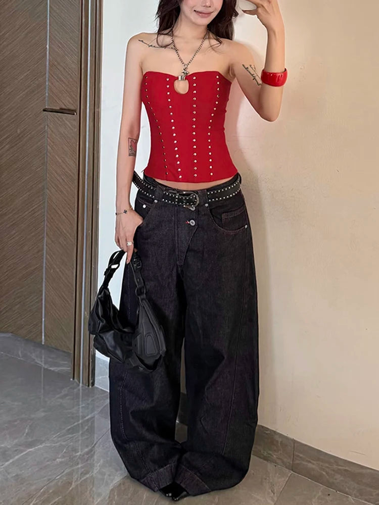 Party Coquette Tank Top Women Hollow Rivet Classic Trend Sleeveless Stretch Skinny Midnight Sexy Christmas Club Vests