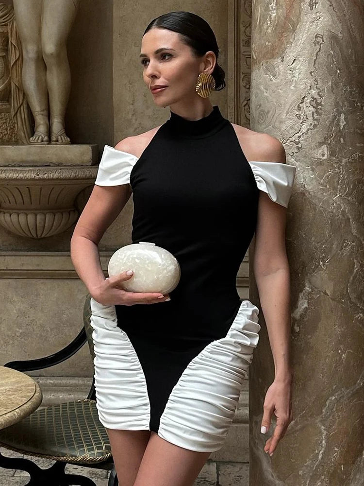 Contrast Patchwork Dress Women Shoulder Off Sexy O-Neck Pleated Y2K Summer Elegant Birthday Club Party Simple Bodycon