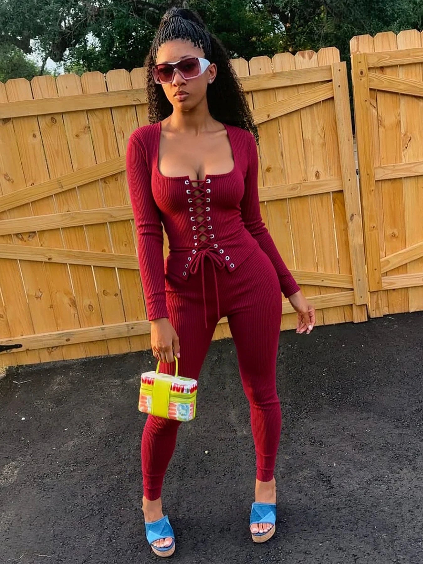 Hottie Tracksuits 2-Piece Set Women Shirring Square Collar Crop Top+Pants Matching Simple Sporty Stretch Slim Outfits