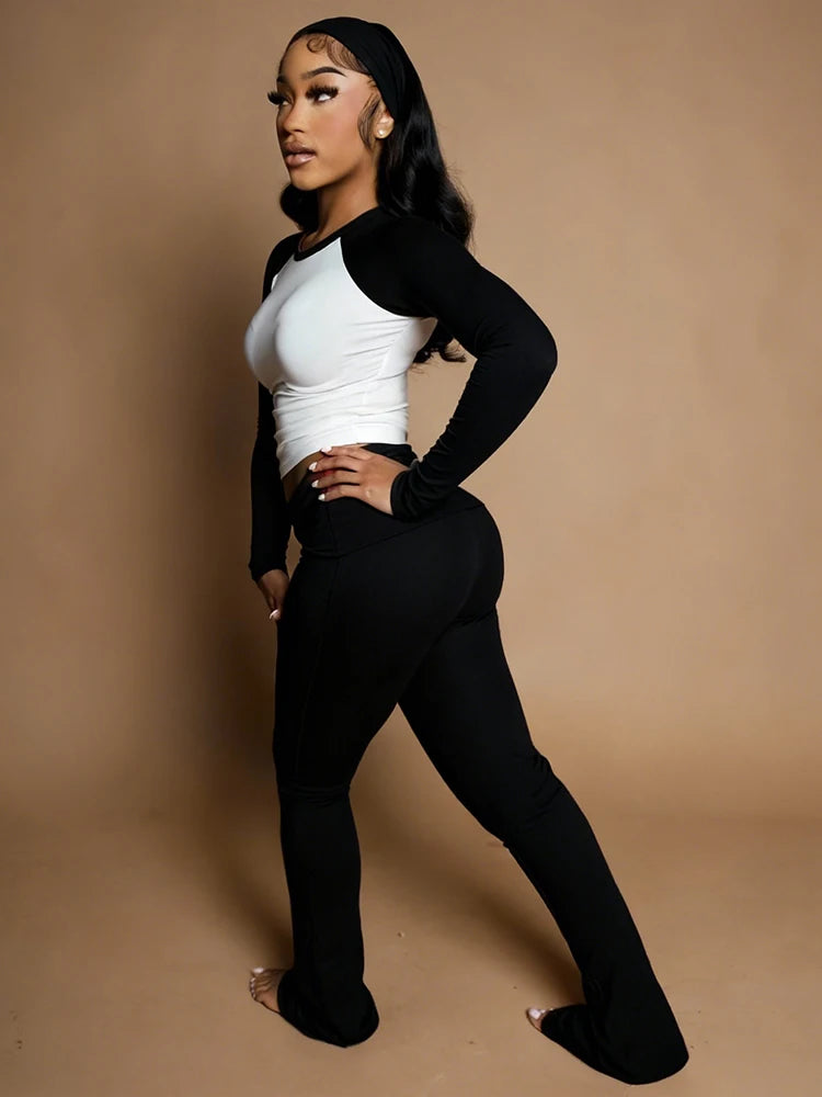 Christmas Party 2Piece Set Woman Contrast Patchwork o-Neck Full Sleeve Crop Tops+High Waist Long Pant Casual Fashion Suit