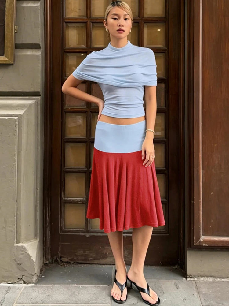 Fashion Summer 3-Piece Set Women Turtleneck Folds Shawl+Simple Solid Tank Tops+Patchwork Color Blocking Skirt Outfit