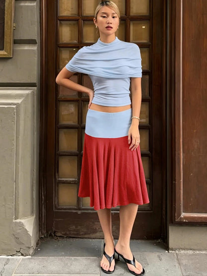 Fashion Summer 3-Piece Set Women Turtleneck Folds Shawl+Simple Solid Tank Tops+Patchwork Color Blocking Skirt Outfit