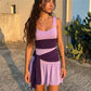 Summer Color Block Mini Dress Women Wide Strap Sweetheart Neck Side Sash Tie Fake Two Piece Skort Dress Beach Vacation