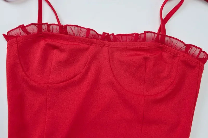 Asymmetrical Ruffled Dress Red Black Sleeveless Backless Long Dresses Sexy Outfits Woman Clothing