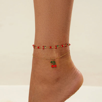 2Pcs/Set Boho Exquisite Red Cherry Pendant Anklet for Women Summer Beach Simple Metal Chain Ankle Barefoot Foot Jewelry