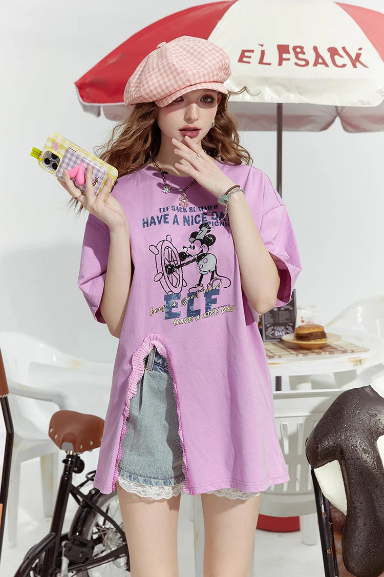 Lavender Oversized Print Ruffle Slit T-Shirt for Women