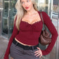 Lace Trim Square Neck Long Sleeve Tops Solid Color Tees Tight Fitted T Shirts Sexy Fall Clothes for Woman