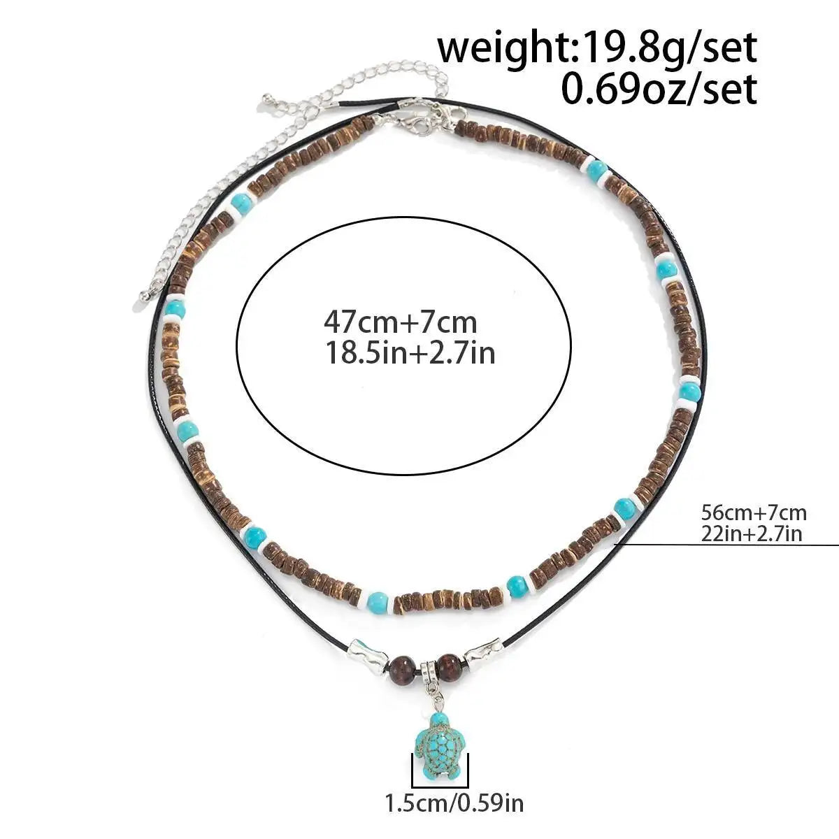 2Pcs/Set Vintage Sea Turtle Pendant Necklace Men Ethnic Style Multi Layer Stackable Stone Wooden Beaded Choker Jewelry