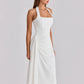 Women White Halter Neck Midi Dress Elegant Ruched Waist Sleeveless Bodycon Party Wedding Guest Formal Evening Dresses