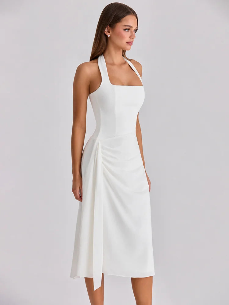 Women White Halter Neck Midi Dress Elegant Ruched Waist Sleeveless Bodycon Party Wedding Guest Formal Evening Dresses