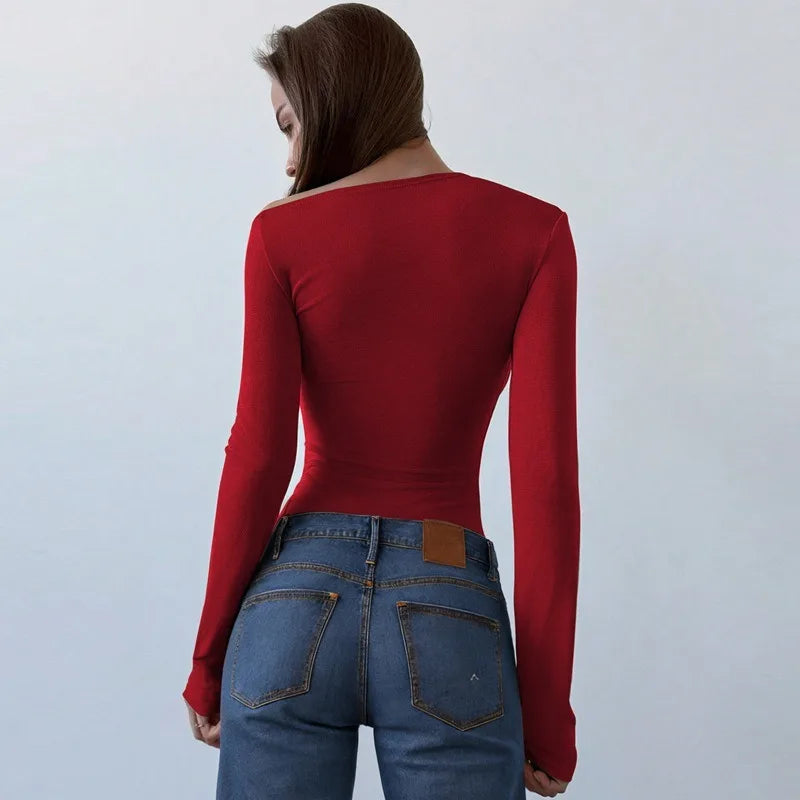 Hardwear Detail One Shoulder Long Sleeve Top Solid Color Sexy Tight Fitted T Shirts Woman Fall 2025 Fashion