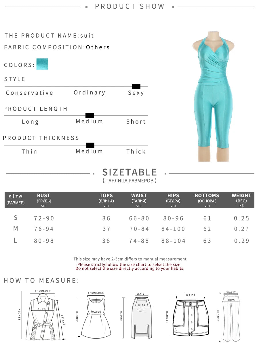 Fashion Satin 2 Piece Set Women Sexy Cross Halter Backless Bandages Tank Top+Capri Pants Trend Street Party Suits