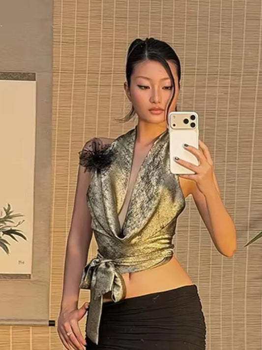 Classic Vest Women Art Print Backless Bandage Halter Swing Collar Sexy Midnight Hottie 2026 Summer New Trend Streetwear