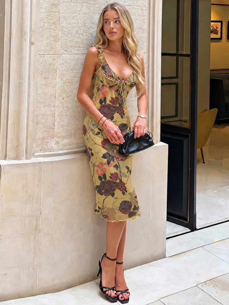Women Floral Mesh Sexy Midi Dress Ruffle Spaghetti Strap Deep V Neck Bodycon Summer Party Holiday Elegant Long Dresses