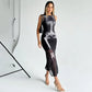 Alternative Skull Print Mesh Black Dress Gothic Clothes Woman Crew Neck Sleeveless Split Long Dresses
