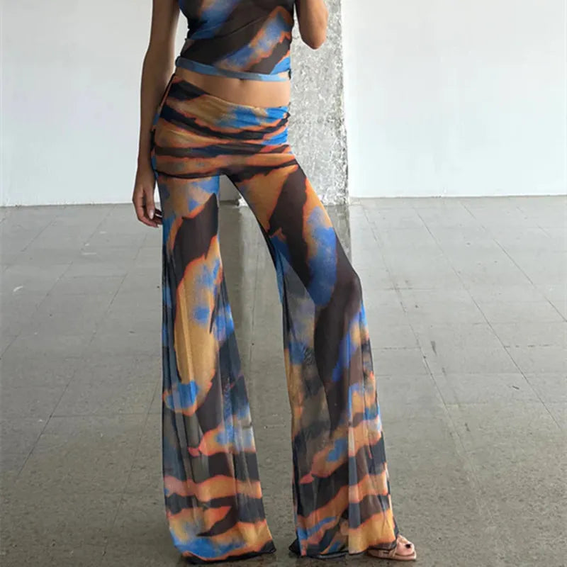 Rave Outfit for Women Mesh Sheer Flare Leg Bottom Pants Y2k Fold Waist See Through Festival Dance Clubwear