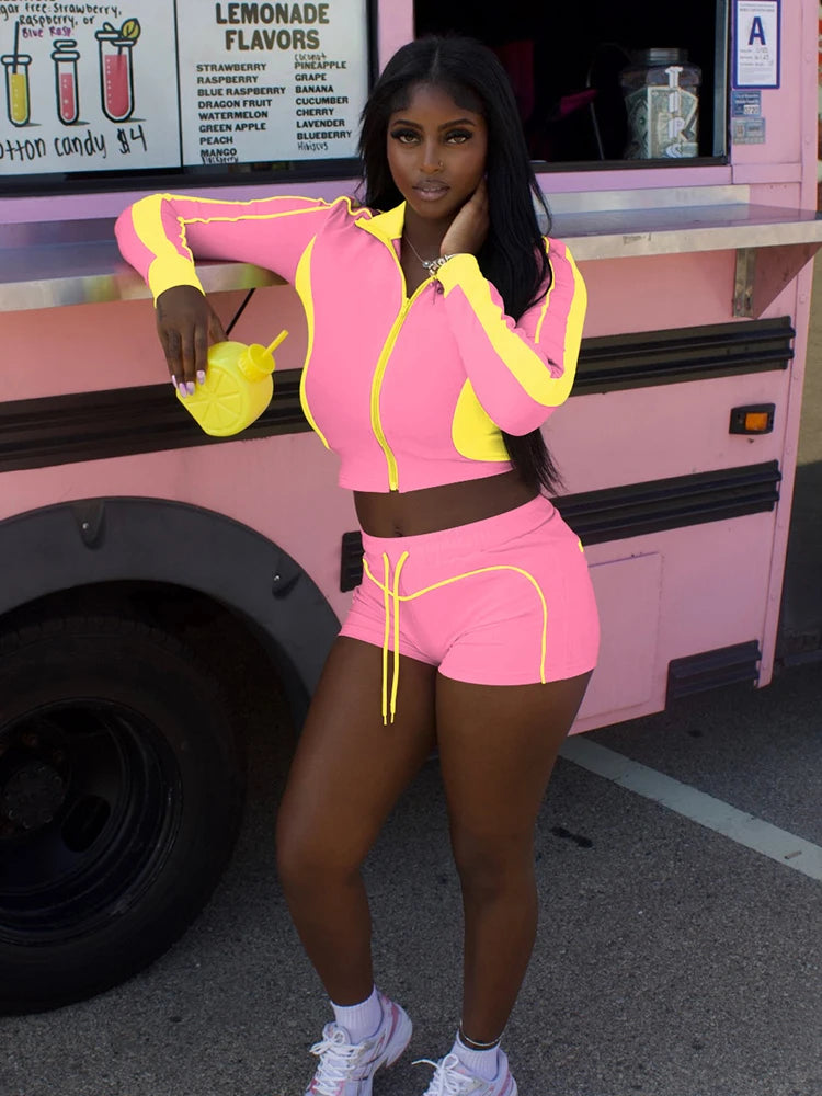 Sporty Contrast Patchwork Two Piece Set Women Zip Cardigan Turtleneck Crop Jacket+Drawstring Shorts Daily Casual Suits