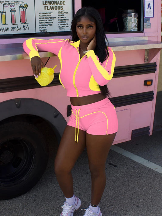 Sporty Contrast Patchwork Two Piece Set Women Zip Cardigan Turtleneck Crop Jacket+Drawstring Shorts Daily Casual Suits