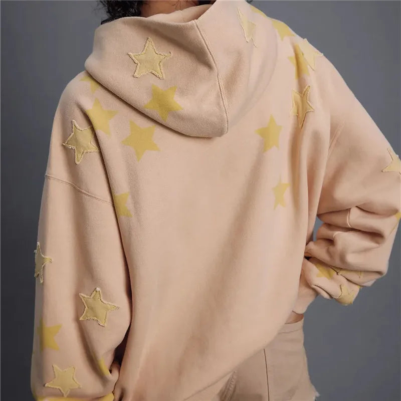 American Casual Oversized Star Patch Hoodie Women Vintage Loose Drop Shoulder Kangaroo Pocket Everyday Street Sweatshirt