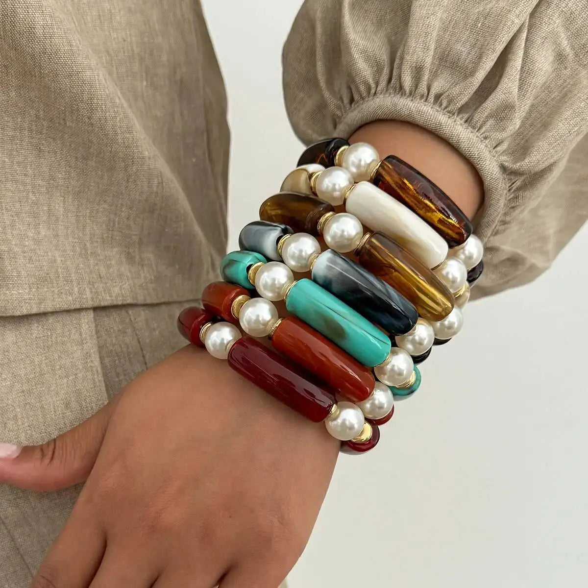 7 Styles Vintage Resin Round Tube Elastic Bangle Bracelet for Women Boho Stackable Imitation Pearl Acrylic Bead Bracelet