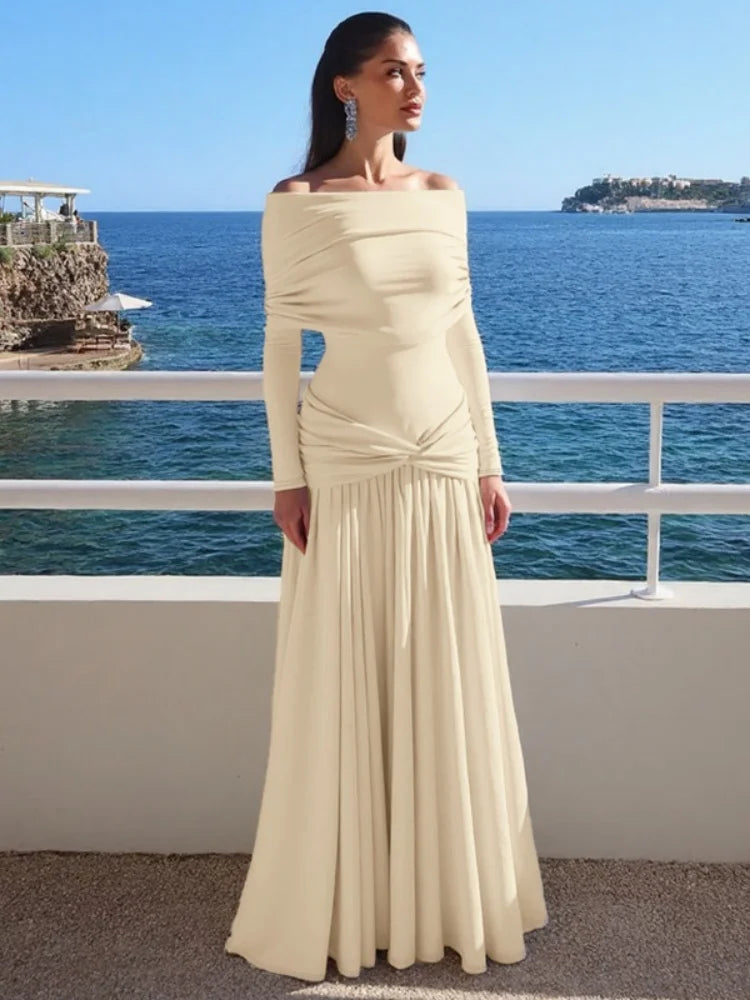 Off Shoulder Long Sleeve Pleated Dresses Women' S Clothes Solid Color French Elegant Maxi Dress Autumn 2025