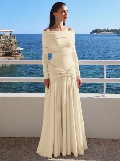 Off Shoulder Long Sleeve Pleated Dresses Women' S Clothes Solid Color French Elegant Maxi Dress Autumn 2025