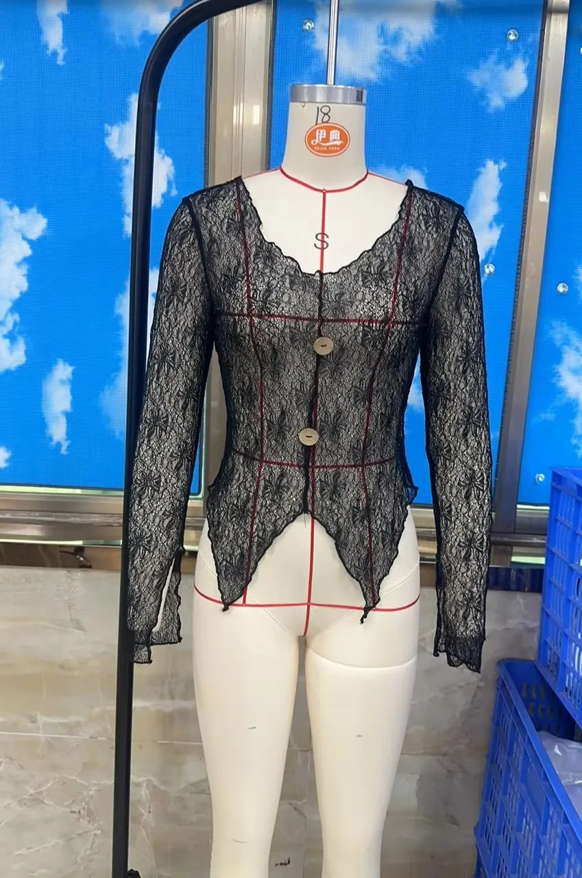 Women Sheer Lace Long Sleeve Top V Neck Halter Button Decor Asymmetrical Hem See Through Blouse Y2K Aesthetic Clubwear