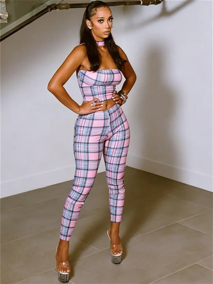 Plaid Patchwork 2 Piece Set Woman Summer Trend Halter Backless Sleeveless Crop Tops+Skinny Long Pants Fashion Suits