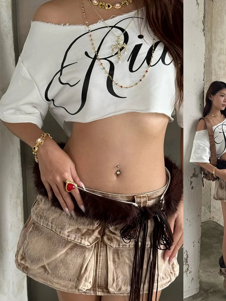 Letter Print Crop Tops Women Summer Trend Wild Biased Collar Street Skinny Simple Classic Streetwear Daily Soft Tees