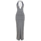Sleeveless Halter Ruched Maxi Dress Women Sexy Elegant Deep V-neck Lace Up Backless Bodycon Solid Robe Partywear Vestido