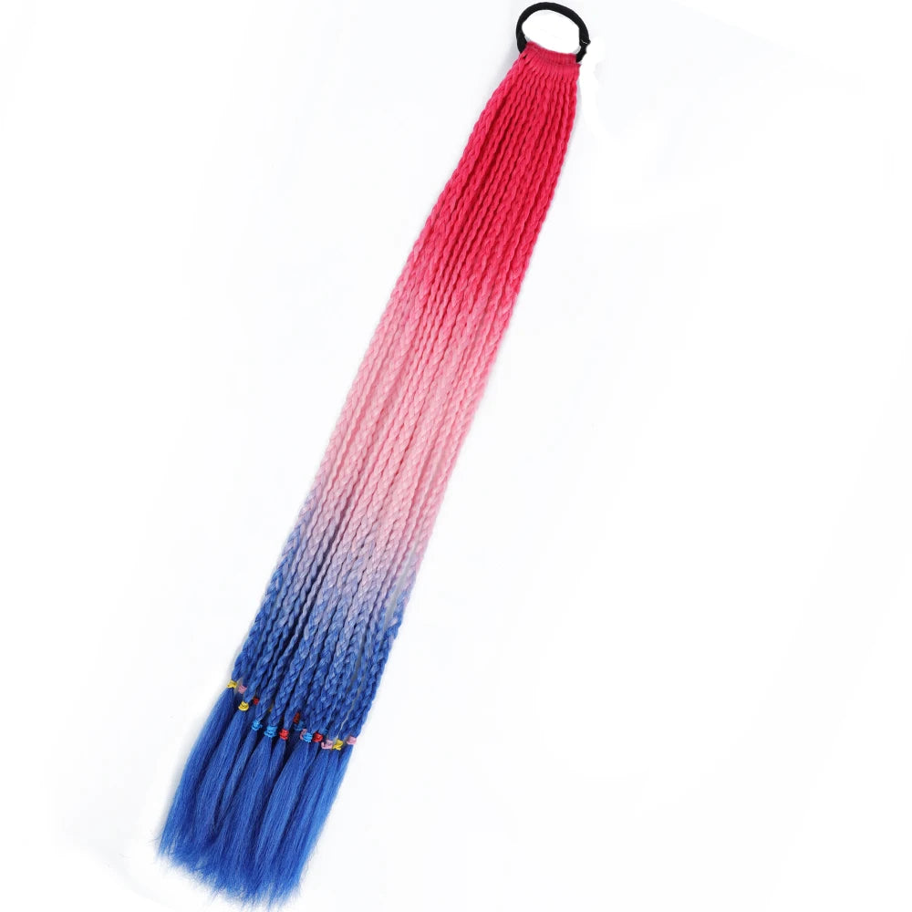 Synthetic 24inch Girls Colored Box Braided Ponytail With Elastic Rubber Band Hair Extensions Rainbow Color Box Pigtail Hairpiece