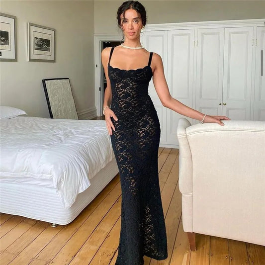 Lace Black Women Maxi Dress See Through Sleeveless Ladies Sexy Coquette Nightclub Party Bodycon Slim Fit Vestidos