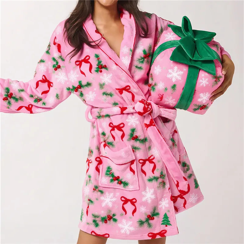 Women Christmas Shawl Robe Plush Bathrobe with Pockets Knee Length Nightgown Sleepwear Xmas Robes Loungewear