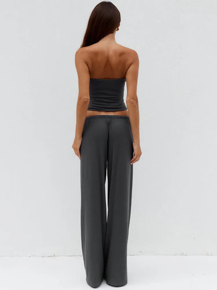 Fashion Long Pants Set Women Strapless Off-shoulder Crop Top Trouser Matching Sets Female Slim Fit Club Party Pants Set