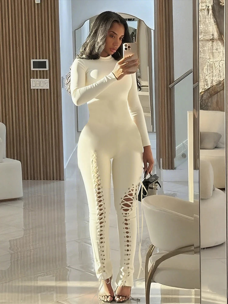 Sexy Fall Jumpsuits Women Diy Shirring o-Neck Full Sleeve Midnight Party Club Stretch Activity Fitness Slim Overalls
