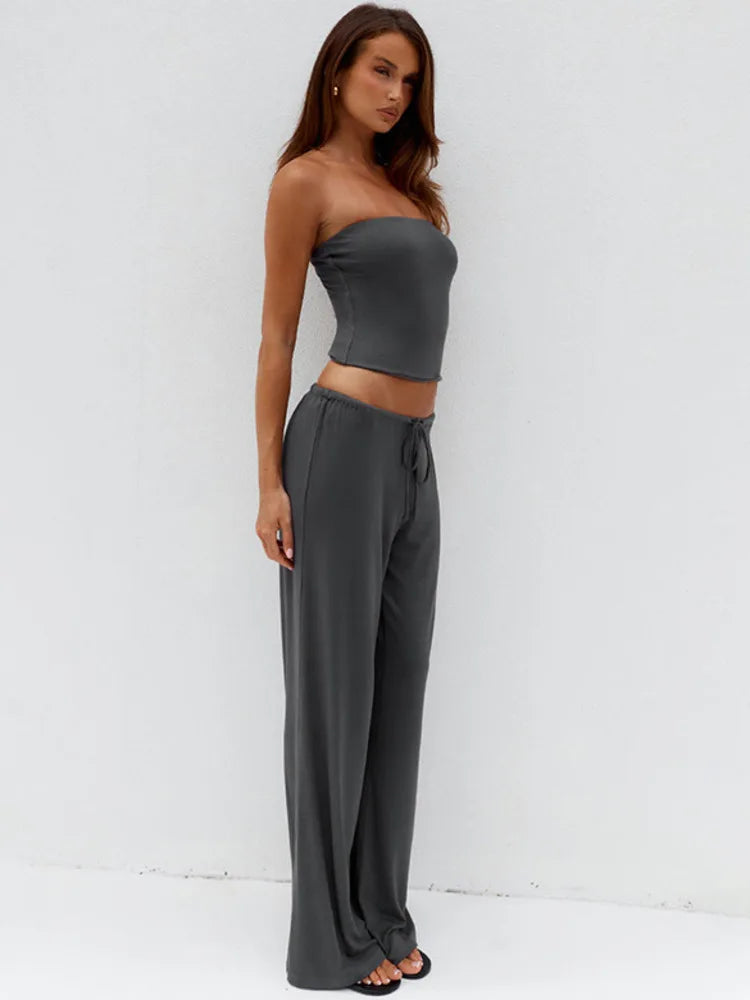 Fashion Long Pants Set Women Strapless Off-shoulder Crop Top Trouser Matching Sets Female Slim Fit Club Party Pants Set