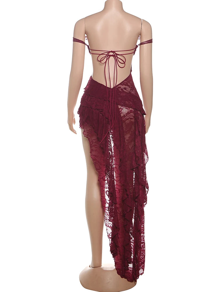 Irregular Tierred Dress Women Mesh Patchwork Slash Neck Lace-Up Backless Midnight Banquet Party Elegant Long Bodycon