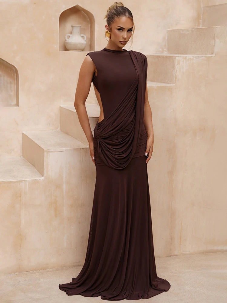 Women High Neck Sleeveless Maxi Dress Side Back Cutout Draped Knot Ruched Mermaid Evening Wedding Guest Formal Dress