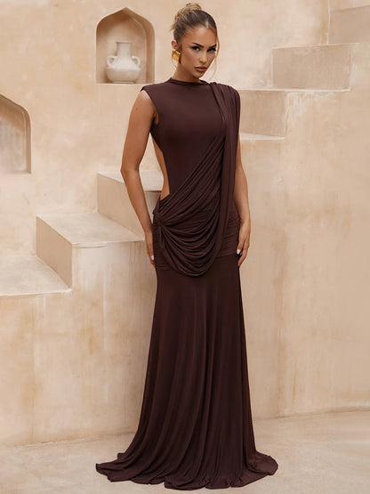 Women High Neck Sleeveless Maxi Dress Side Back Cutout Draped Knot Ruched Mermaid Evening Wedding Guest Formal Dress