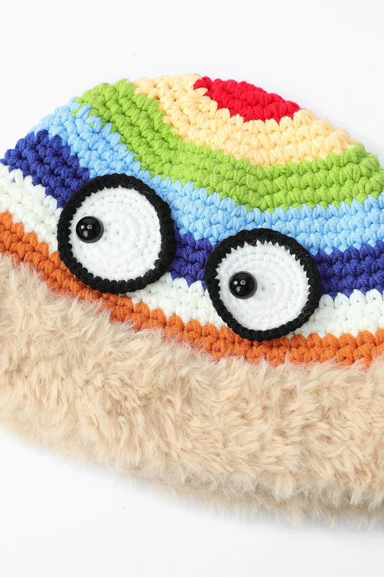 Cute Rainbow Striped Crochet Eye Plush Brim Hat For Women